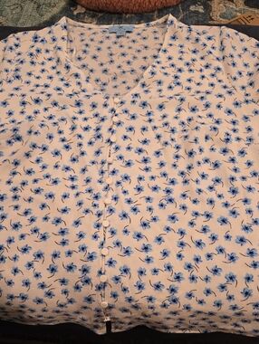 Ce Ce Cream Blouse with Blue Floral Print